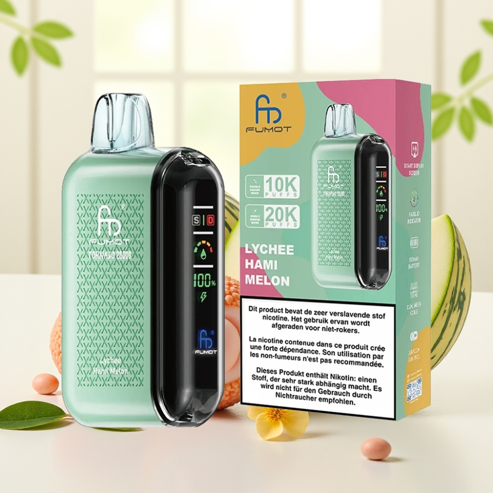 Fumot Tornado 20000 Puffs Двоїста Сітка 20мл 850мАг Дисплей Контроль Тяги 2% Лічі Хамі Мелон