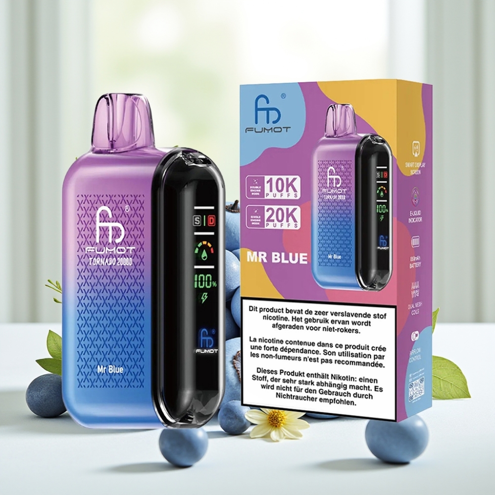 Fumot Tornado 20000 Puffs Двохсіткова спіраль 20мл 850мАг Дисплей Контроль тяги 2% Нікотин Mr Blue