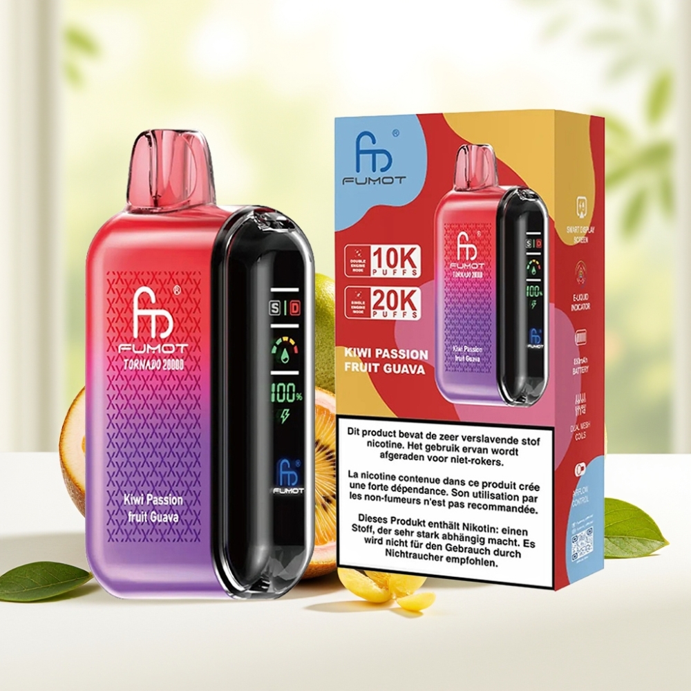 Fumot Tornado 20000 Puffs Двоїста Сітка 20мл 850мAh Індикатор Контроль Повітря Киві Маракуйя Гуава