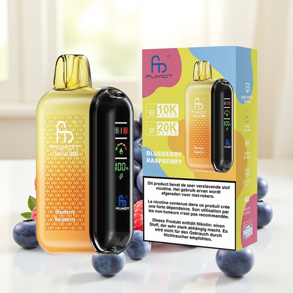 Fumot Tornado 20000 Puffs Подвійна сітка 20мл 850мAh Дисплей Контроль тяги 2% Нікотин Чорниця Малина