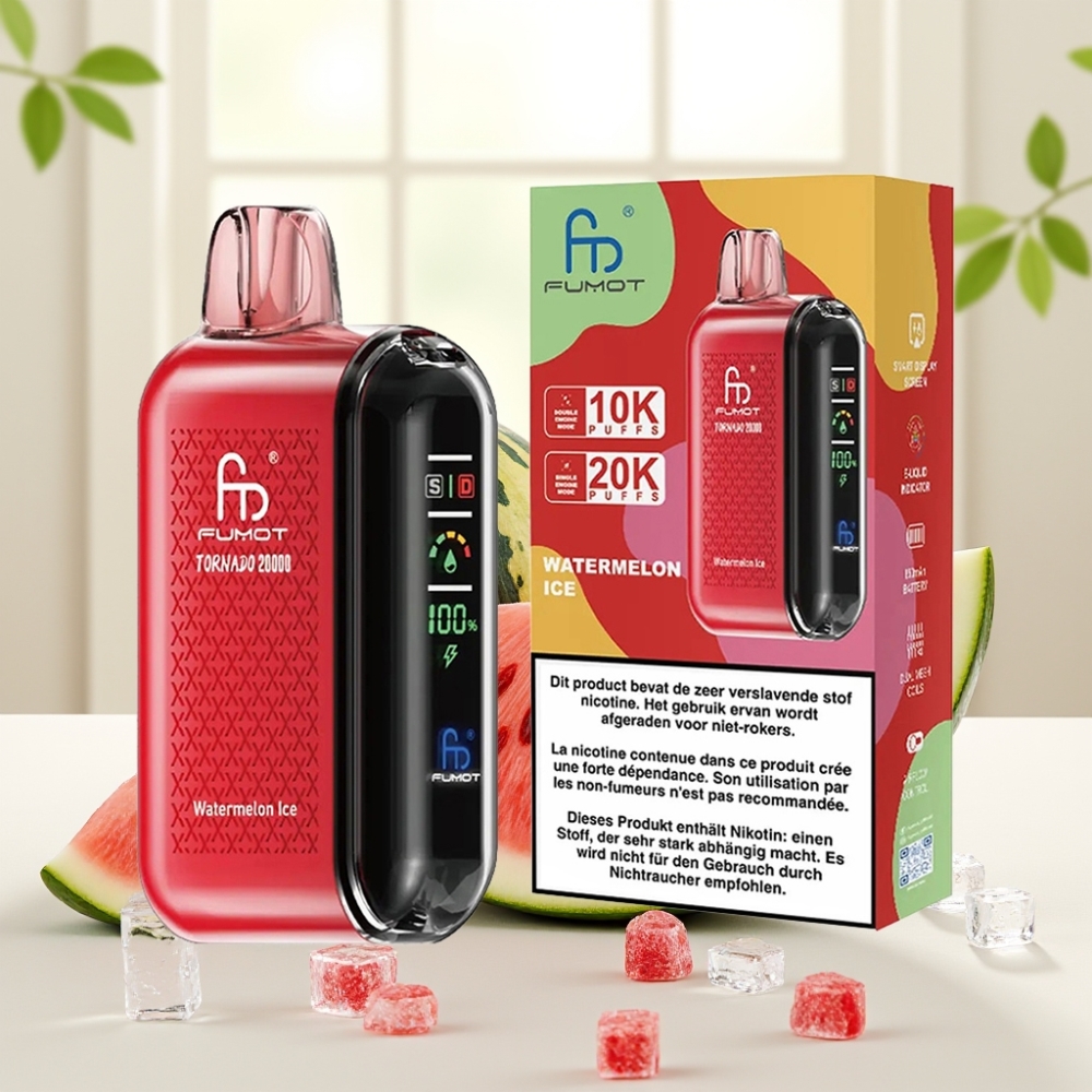 Fumot Tornado 20000 Puffs Dual Mesh Coil 20мл 850мAh Дисплей Контроль тяги 2% Нікотин Кавун Лід