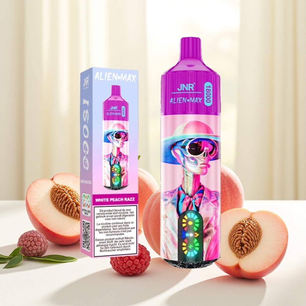 JNR Alien Max 18000 Puffs Білий Персик та Малина з LED дисплеєм, Dual Mesh Coil, 28мл, 850mAh
