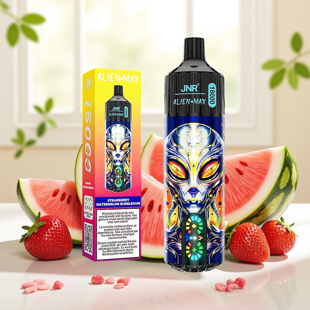 JNR Alien Max 18000 Puffs Дисплей LED, Dual Mesh Coil, 28мл, 850mAh, Type-C, Полуниця Кавун Бубльґум