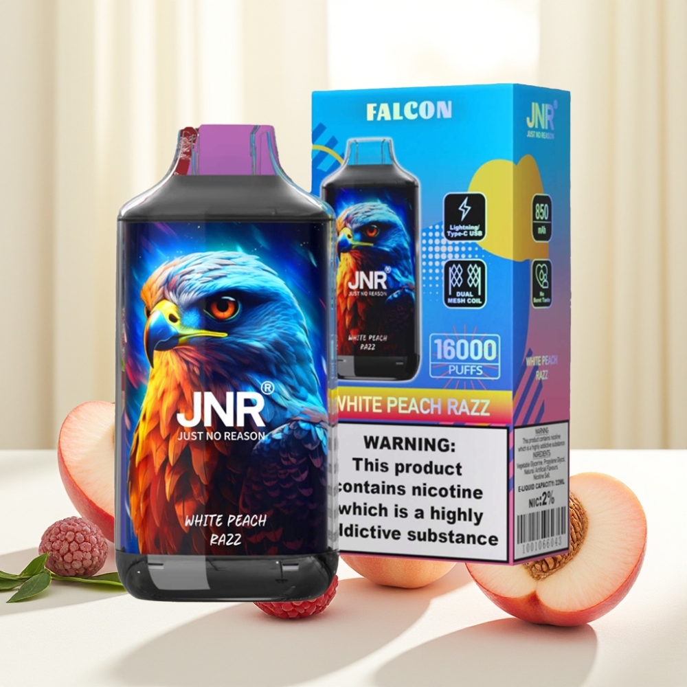 JNR Falcon 16000 Puffs Білий Персик Малина 850mAh 22ml Dual Mesh Type-C LED 0% 2%