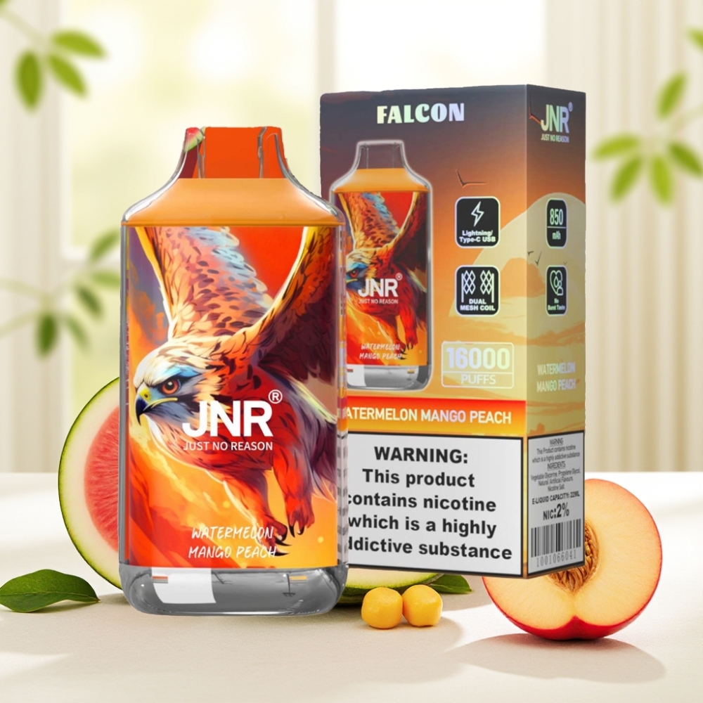 JNR Falcon 16000 Puffs Арбуз Манго Персик 850mAh 22ml Dual Mesh Type C LED 0% 2%