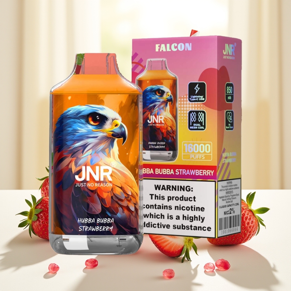 JNR Falcon 16000 Puffs Hubba Bubba Полуниця 850mAh 22ml Dual Mesh Coil Type C LED 0%,2%