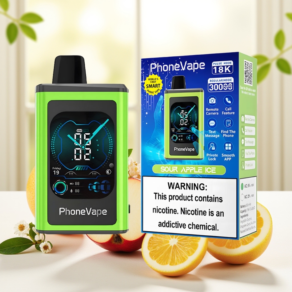 JNR PhoneVape 30000 затяжок Одноразова Вейп Кисло-Яблучний Лід, 850mAh, Type-C, Turbo, APP, Екран