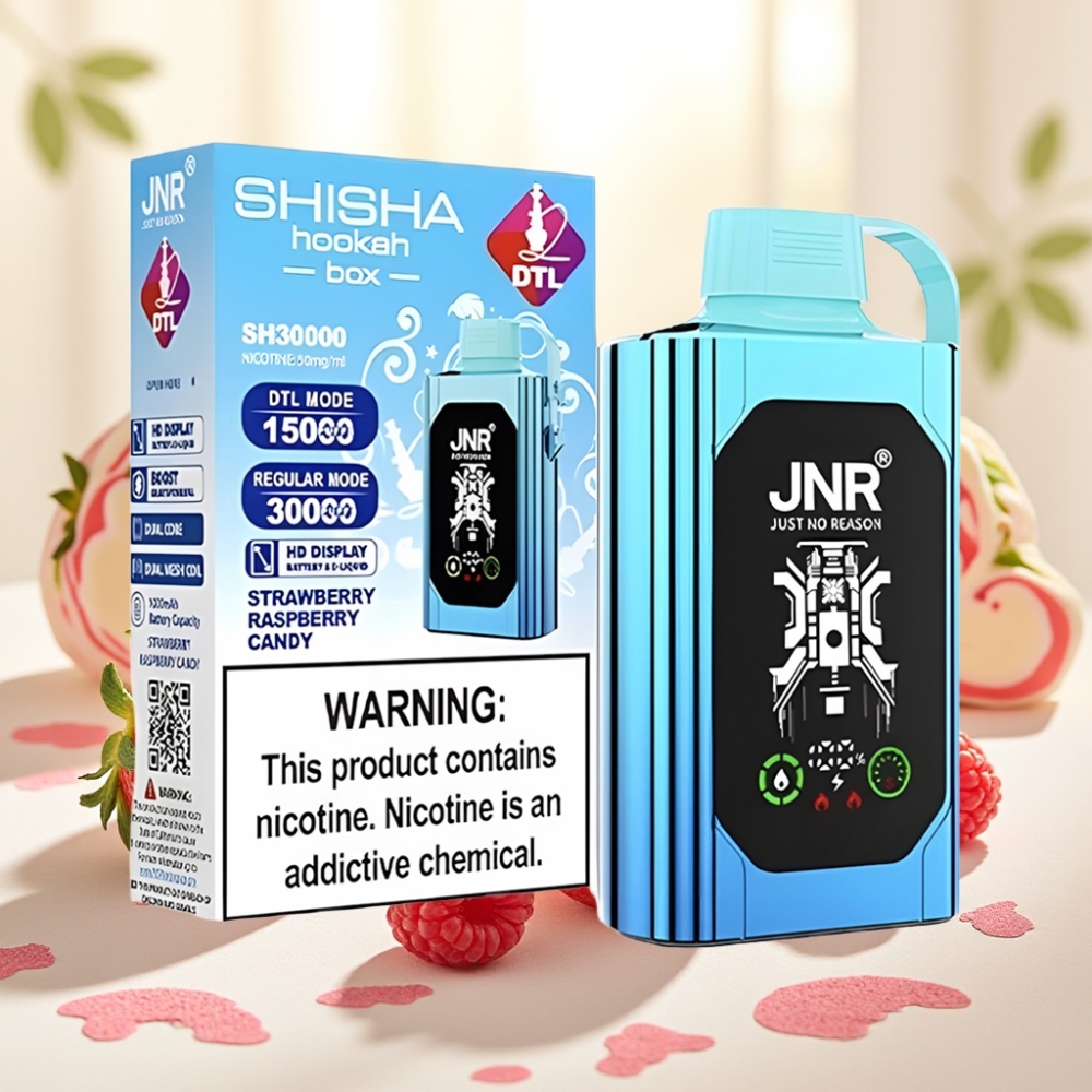 JNR Shisha Hookah Box 20500 затяжок, HD дисплей, 1000mAh, 25мл, Dual Mesh Coil, Type-C, полуниця-малина цукерка